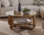 Escape - Cocktail Table Round With Shelf - Glazed Natural Oak / Black Metal Trim - JaxCo Furniture