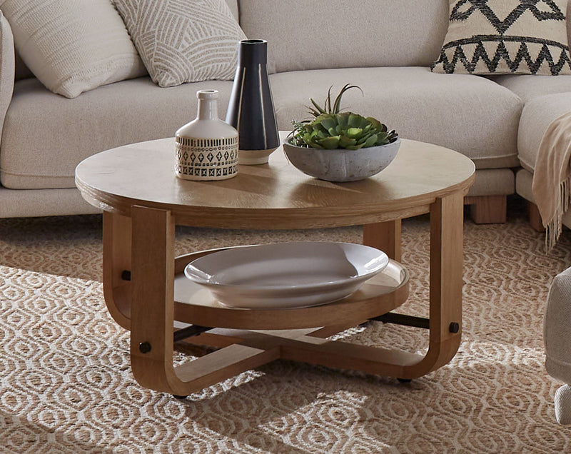 Escape - Cocktail Table Round With Shelf - Glazed Natural Oak / Black Metal Trim - JaxCo Furniture