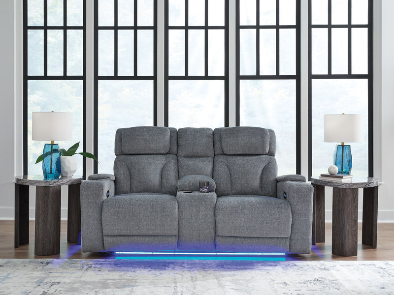 Studio Cave - Steel - Power Reclining Loveseat with Console - JaxCo Furniture