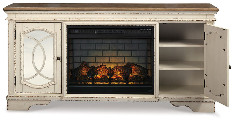 Realyn - Chipped White - 2 Pc. - 74" TV Stand with Electric Infrared Fireplace Insert - JaxCo Furniture