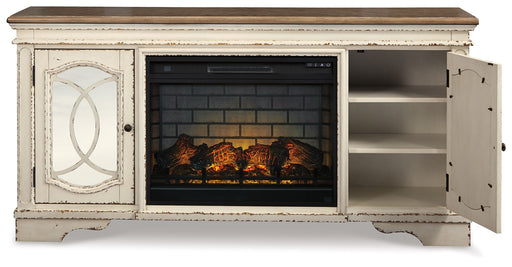 Realyn - Chipped White - 2 Pc. - 74" TV Stand with Electric Infrared Fireplace Insert - JaxCo Furniture