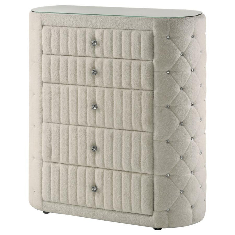 Sonya - 5-Drawer Upholstered Bedroom Chest Of Drawers - Ivory - JaxCo Furniture