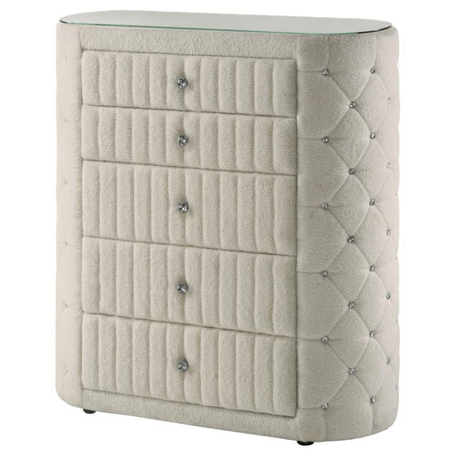 Sonya - 5-Drawer Upholstered Bedroom Chest Of Drawers - Ivory - JaxCo Furniture