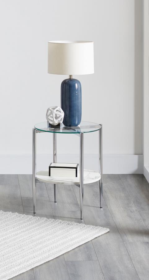 Cadee - Round Glass Top End Table - White And Chrome - JaxCo Furniture