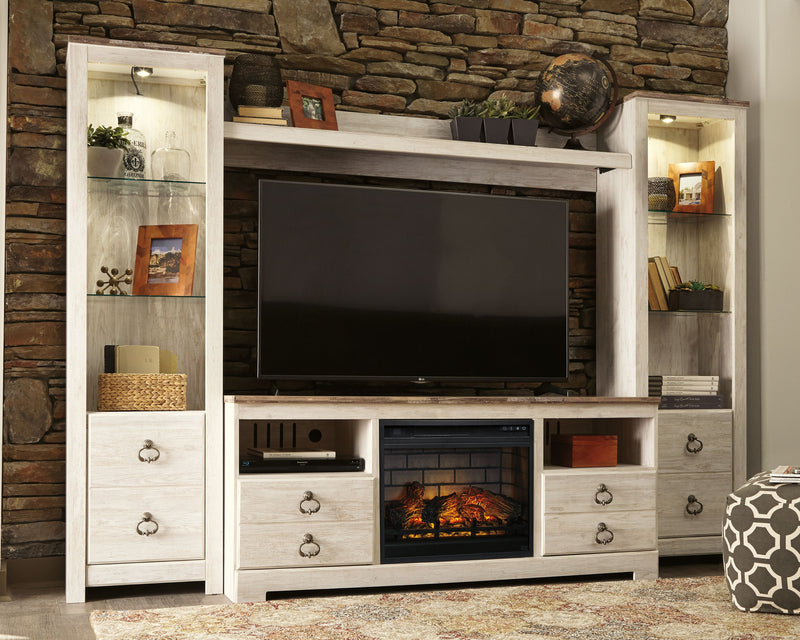 Willowton - Whitewash - Entertainment Center - TV Stand With Faux Firebrick Fireplace Insert - JaxCo Furniture