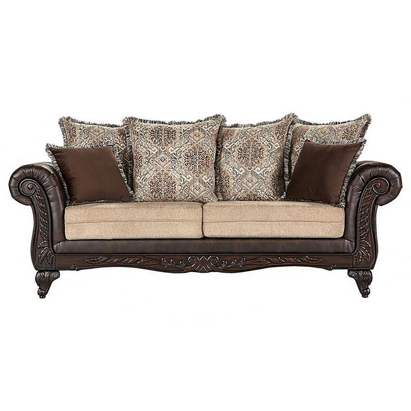 Elmbrook - Upholstered Rolled Arm Sofa Set With Intricate Wood - JaxCo Furniture