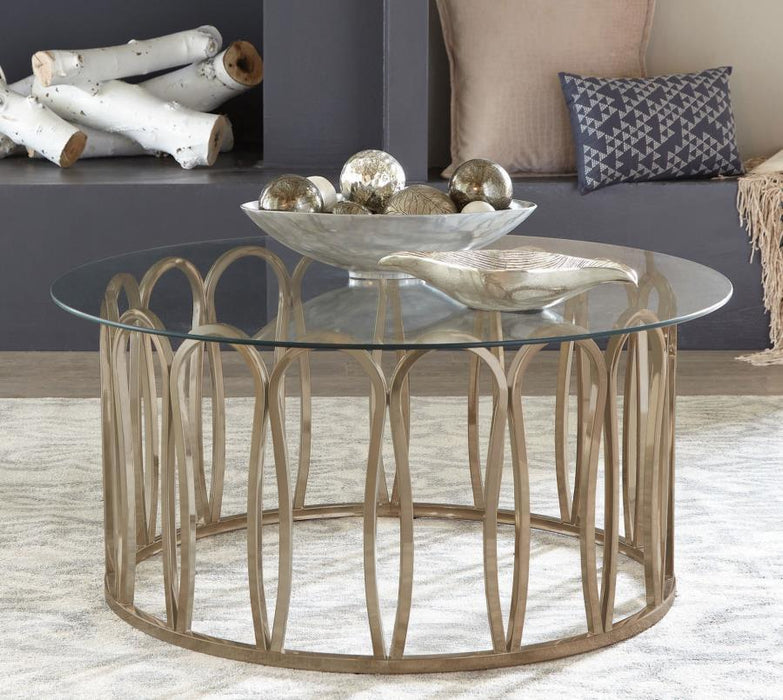 Monett - Round Glass Top Coffee Table - Chocolate Chrome - JaxCo Furniture