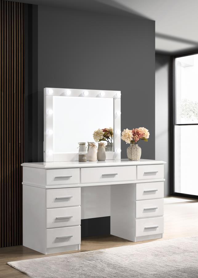 Felicity - 9-Drawer Vanity Table With Lighted Mirror - Glossy White - JaxCo Furniture