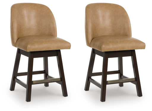 Neymorton - Dark Grayish Brown - Upholstered Swivel Faux Leather Barstool (Set of 2) - JaxCo Furniture