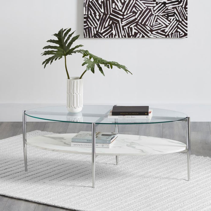 Cadee - Oval Glass Top Coffee Table - White And Chrome - JaxCo Furniture