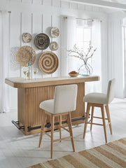 Escape - Dining Bar With 2 Upholstered Swivel Barstools - Glazed Natural Oak / Black Metal Trim - JaxCo Furniture