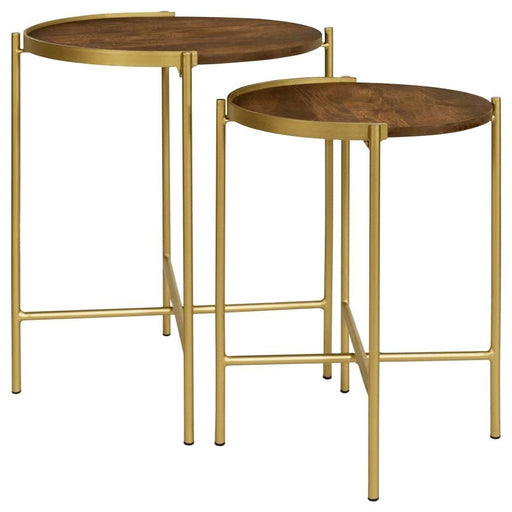 Malka - 2 Piece Round Wood Nesting Table - Dark Brown And Gold - JaxCo Furniture