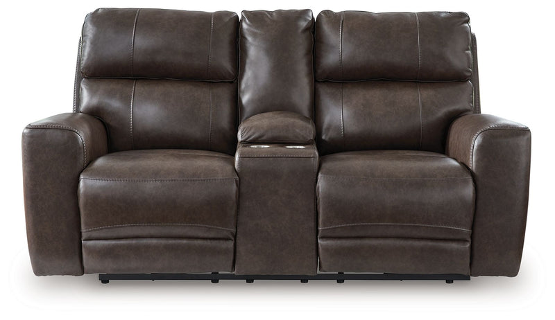 Crossplex - Smoke - Power Recline Loveseat / Console / Adjustable Headrest - JaxCo Furniture