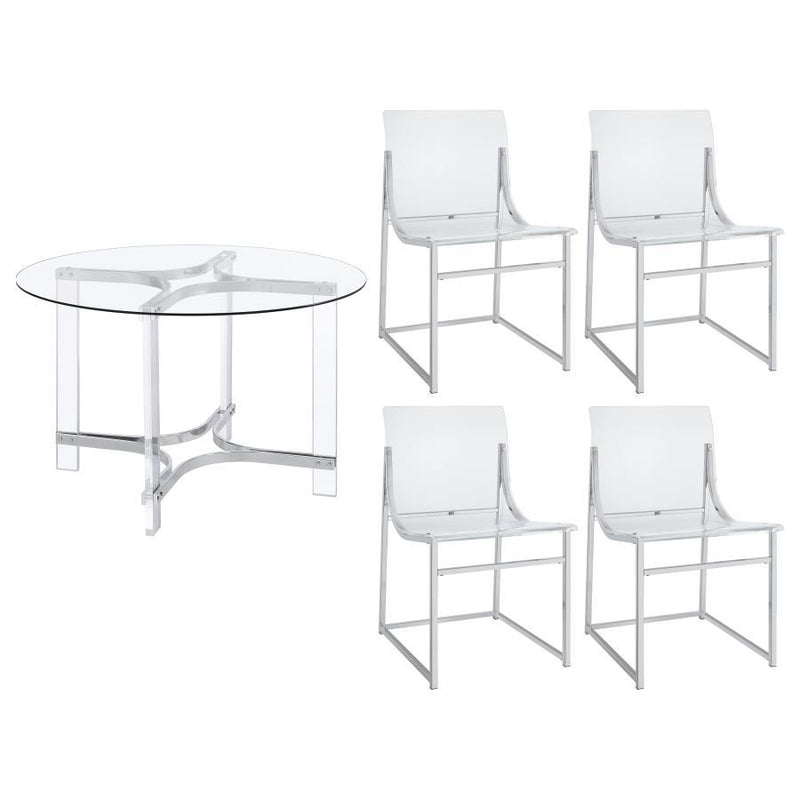 Keeling - 5 Piece Round Glass Top Acrylic Dining Set - Chrome - JaxCo Furniture