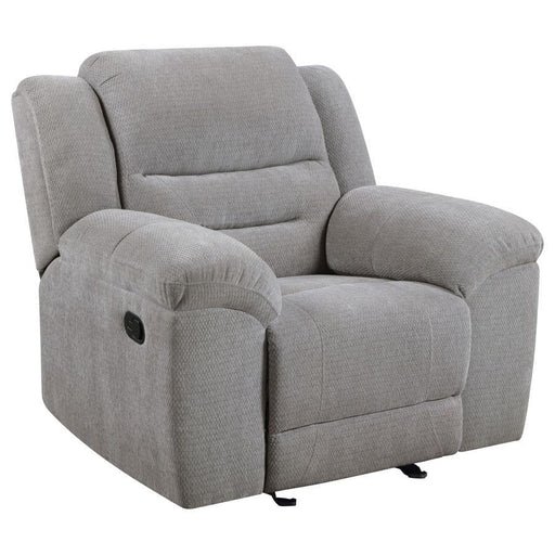 Gilson - Chenille Upholstered Reclining Glider Recliner - Gray - JaxCo Furniture