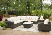 Kimora - Beige / Dark Brown - 7 Pc. - 4-Piece Outdoor Sectional, Swivel Glider Lounge, Cocktail Table, End Table - JaxCo Furniture