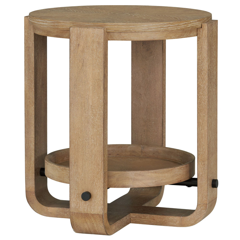 Escape - Round End Table With Shelf - Glazed Natural Oak / Black Metal Trim - JaxCo Furniture