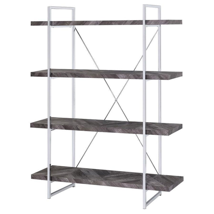 Grimma - 4-Shelf Bookshelf - Rustic Gray And Chrome - JaxCo Furniture