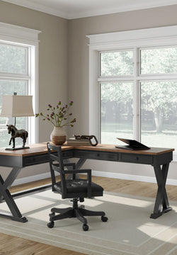 Wildenauer - Brown / Black - 4 Pc. - Home Office Desk And Return, Swivel Desk Chair, Bookcase - JaxCo Furniture