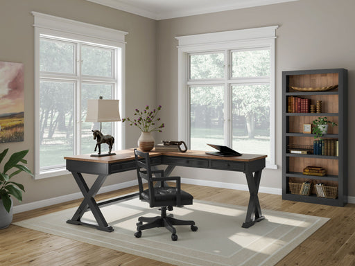 Wildenauer - Brown / Black - 4 Pc. - Home Office Desk And Return, Swivel Desk Chair, Bookcase - JaxCo Furniture