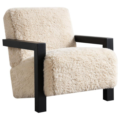 Fitzroy - Faux Fur Upholstered Chair Solid Wood Arms - Latte - JaxCo Furniture