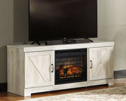 Bellaby - Whitewash - 63" TV Stand With Faux Firebrick Fireplace Insert - JaxCo Furniture
