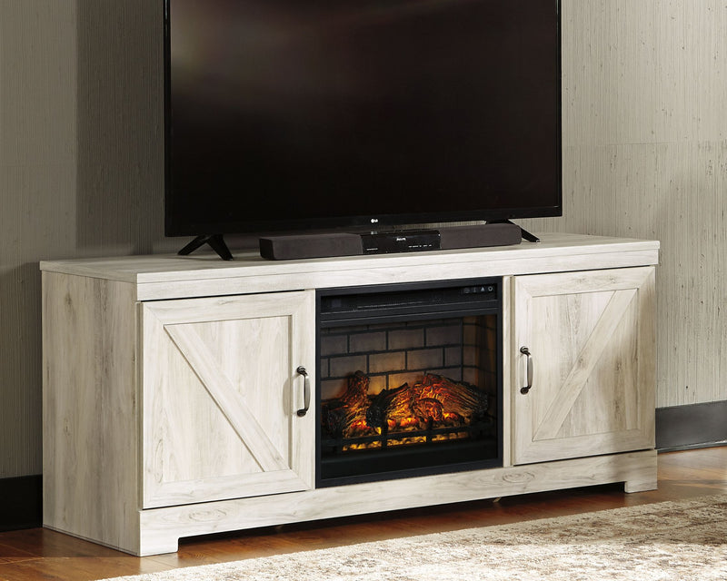 Bellaby - Whitewash - 63" TV Stand With Faux Firebrick Fireplace Insert - JaxCo Furniture