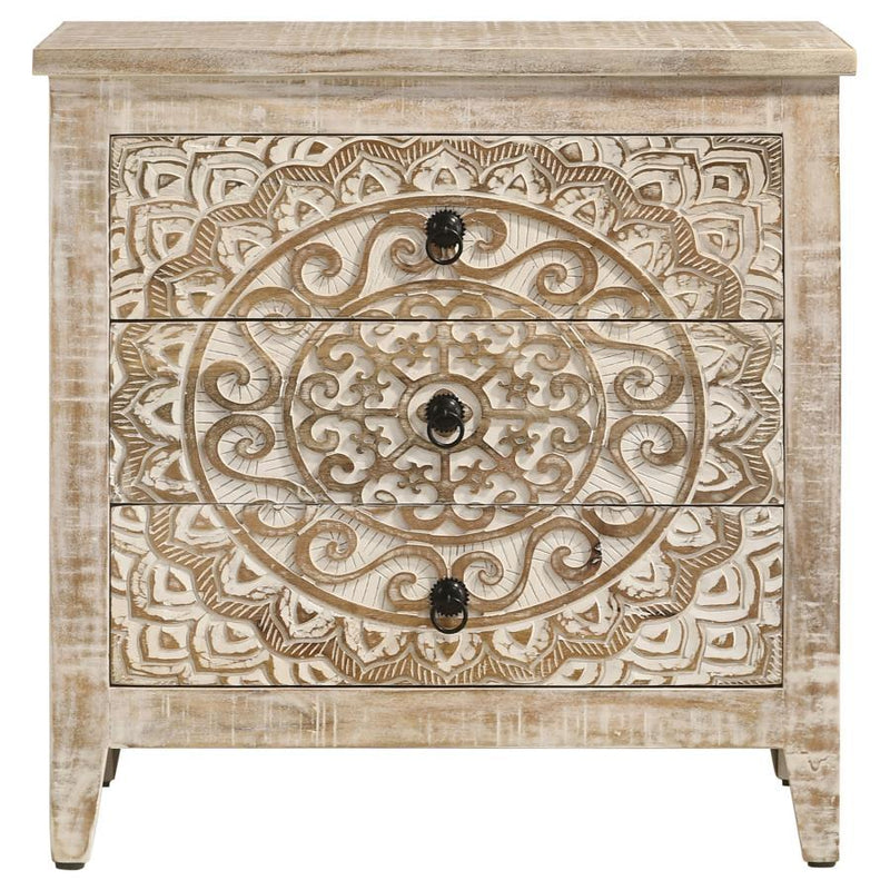 Mariska - 3-Drawer Wood Mandala Cabinet - Distressed White - JaxCo Furniture