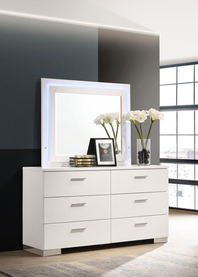 Felicity - 6-Drawer Dresser With LED Mirror - White High Gloss - JaxCo Furniture