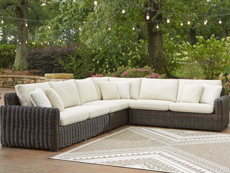 Kimora - Beige / Dark Brown - 7 Pc. - 4-Piece Outdoor Sectional, Swivel Glider Lounge, Cocktail Table, End Table - JaxCo Furniture