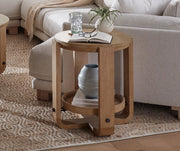 Escape - Round End Table With Shelf - Glazed Natural Oak / Black Metal Trim - JaxCo Furniture