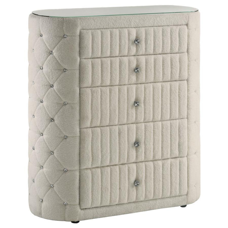 Sonya - 5-Drawer Upholstered Bedroom Chest Of Drawers - Ivory - JaxCo Furniture