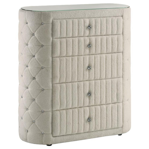 Sonya - 5-Drawer Upholstered Bedroom Chest Of Drawers - Ivory - JaxCo Furniture