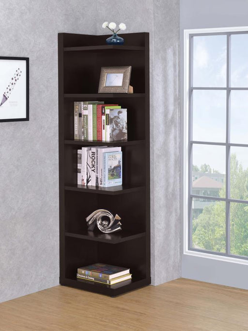 Alder - 6-Shelf Corner Bookcase - Cappuccino - JaxCo Furniture