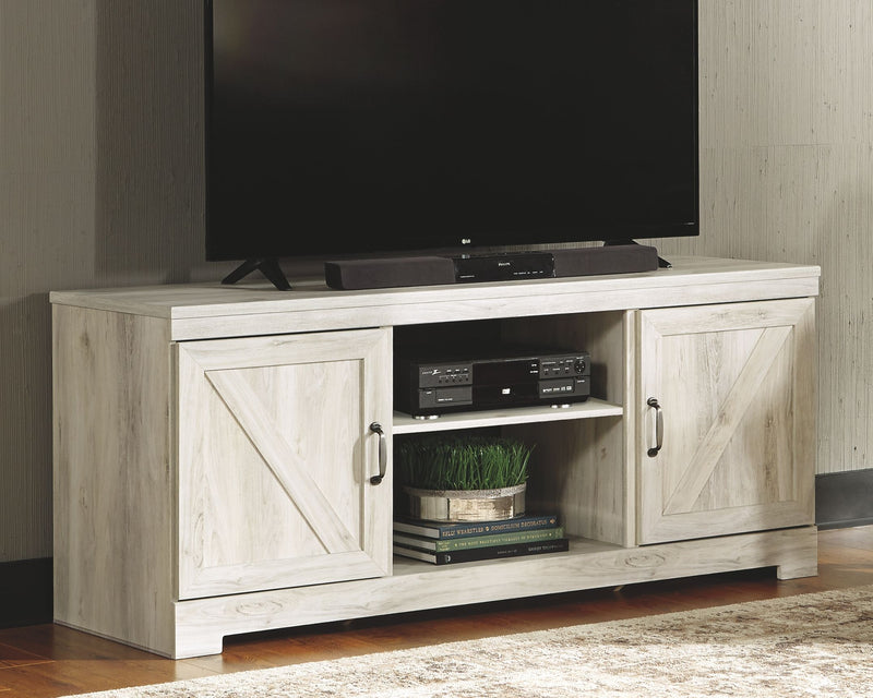Bellaby - Whitewash - 63" TV Stand With Faux Firebrick Fireplace Insert - JaxCo Furniture