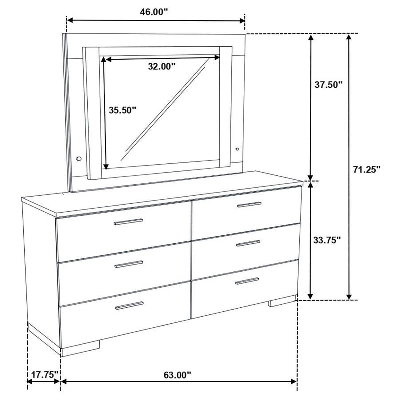 Felicity - 6-Drawer Dresser With LED Mirror - White High Gloss - JaxCo Furniture