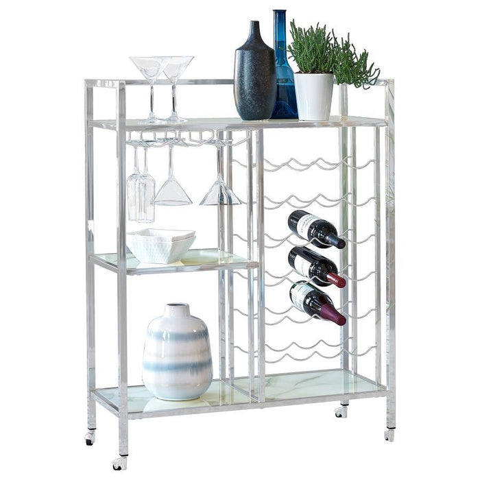 Derion - 3-Tier Rectangular Glass Shelf Metal Bar Cart - Chrome - JaxCo Furniture