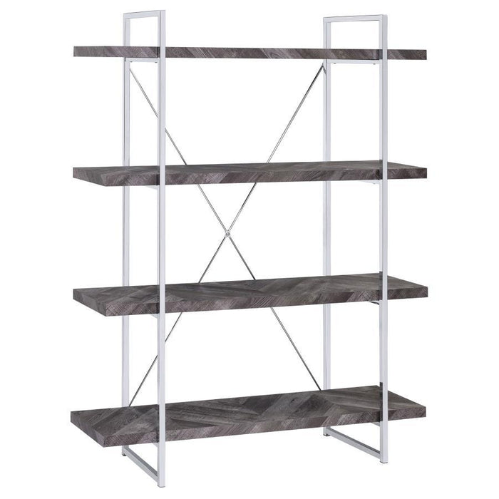 Grimma - 4-Shelf Bookshelf - Rustic Gray And Chrome - JaxCo Furniture