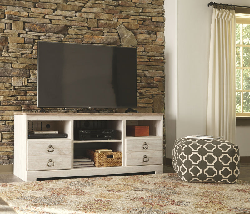 Willowton - Whitewash - 2 Pc. - 64" TV Stand with Faux Firebrick Fireplace Insert - JaxCo Furniture