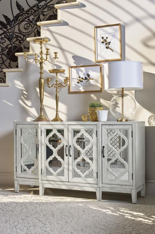 Mckellen - 4 Door Wood Trellis Accent Cabinet - Distressed White - JaxCo Furniture