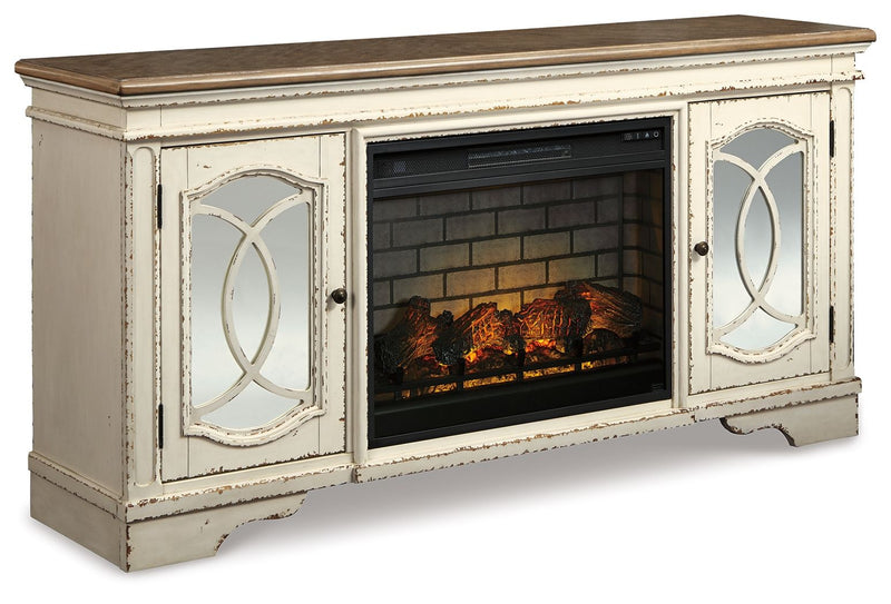 Realyn - Chipped White - 2 Pc. - 74" TV Stand with Electric Infrared Fireplace Insert - JaxCo Furniture