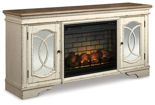 Realyn - Chipped White - 2 Pc. - 74" TV Stand with Electric Infrared Fireplace Insert - JaxCo Furniture