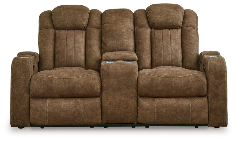 Wolfridge - Brindle - Power Reclining Loveseat With Console /Adj Hdrst - JaxCo Furniture