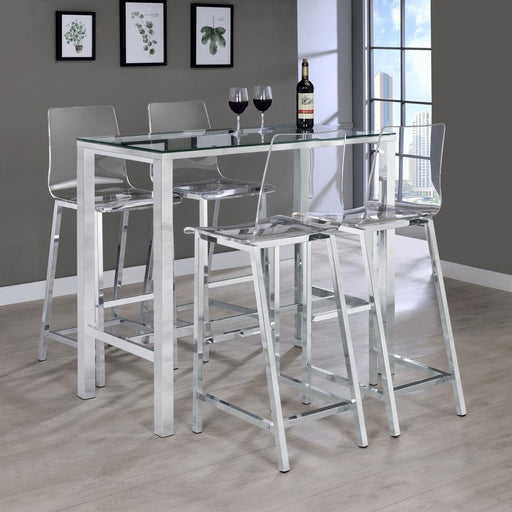 Tolbert - 5 Piece Bar Set With Acrylic Chairs - Clear And Chrome - JaxCo Furniture