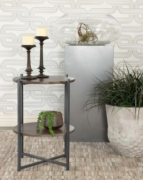 Axel - Round Accent Table With Open Shelf - Natural And Gunmetal - JaxCo Furniture