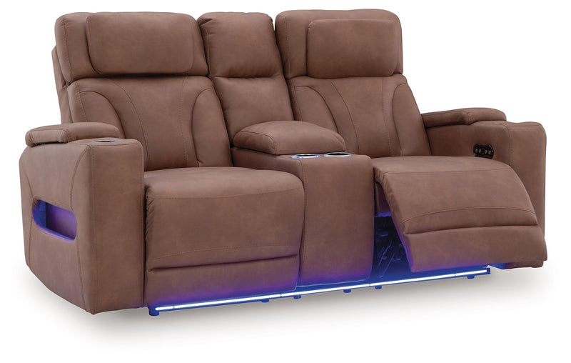 Clean-Slate - Caramel - Power Reclining Loveseat With Console / Adj Headrest - JaxCo Furniture