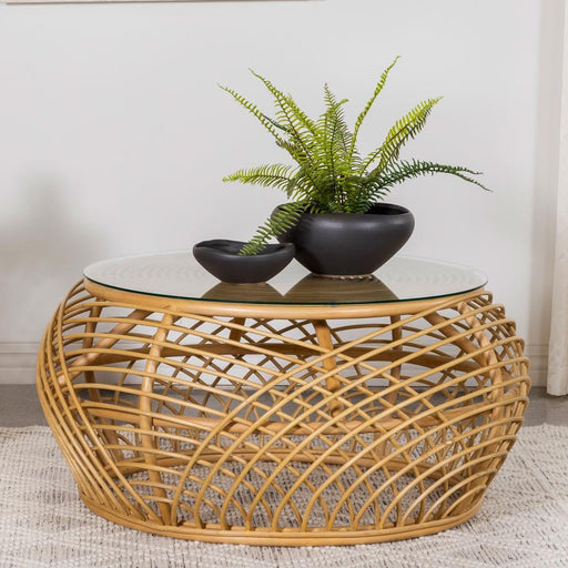 Dahlia - Round Glass Top Woven Rattan Coffee Table - Natural - JaxCo Furniture