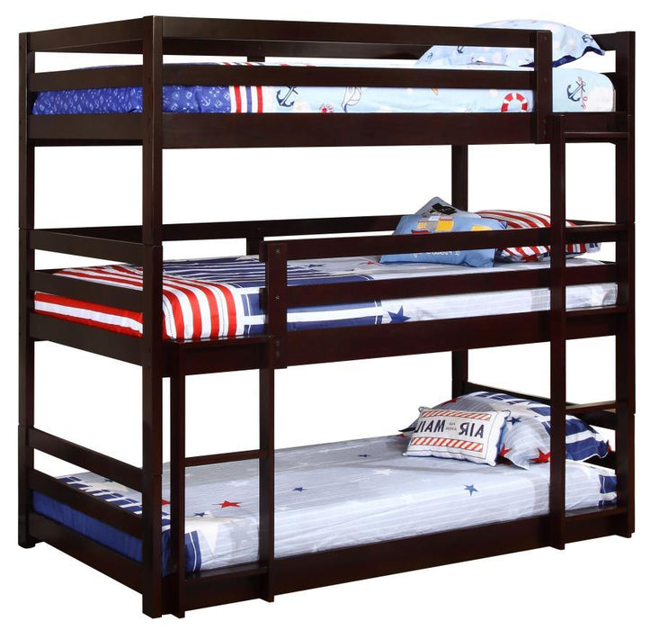 Sandler - Wood Twin Triple Bunk Bed - Cappuccino - JaxCo Furniture