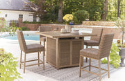 Walton Bridge - Driftwood - 5 Pc. - Square Bar Table W/Fire Pit, 4 Barstools - JaxCo Furniture