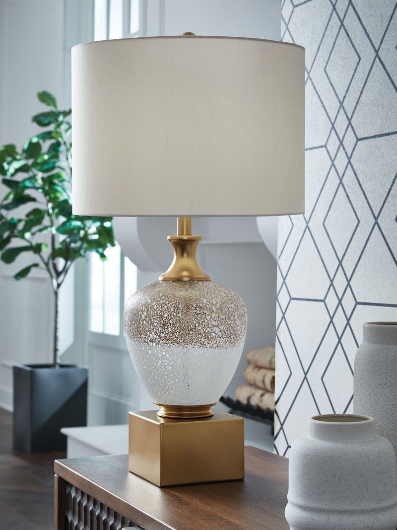 Tavisburg - Brown / White / Gold - Glass Table Lamp - JaxCo Furniture
